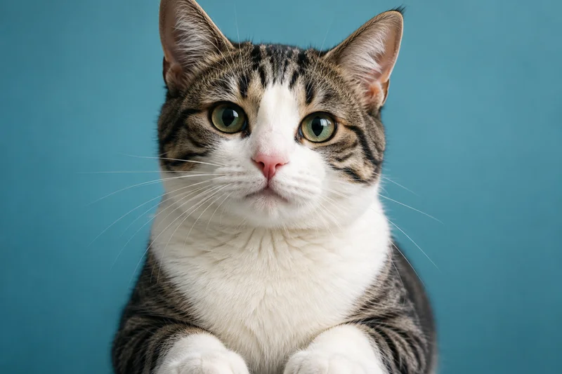 Chat tabby regardant l'objectif sur fond bleu