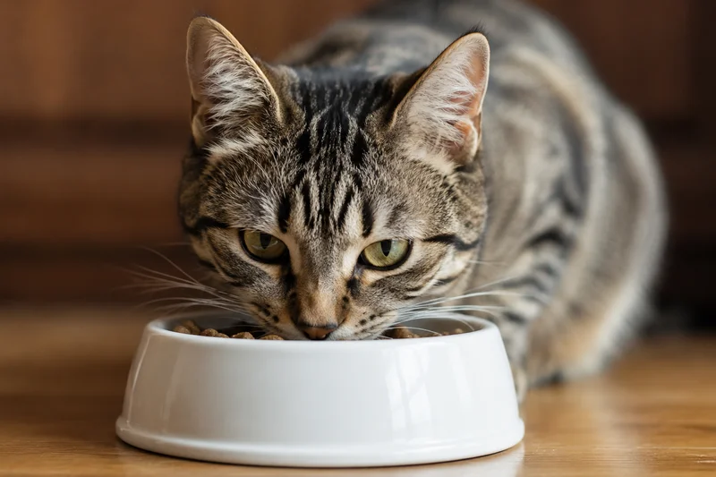 Chat tigré qui mange dans un bol blanc
