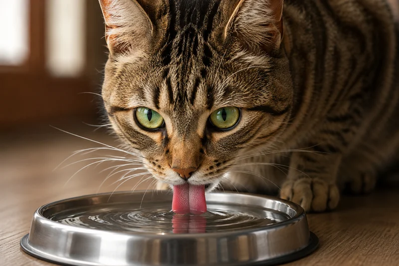 Chat tigré qui lape de l'eau dans un bol en inox