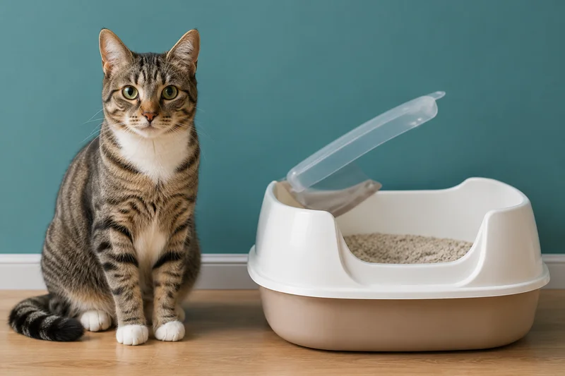 Chat assis à côté d'une litière propre