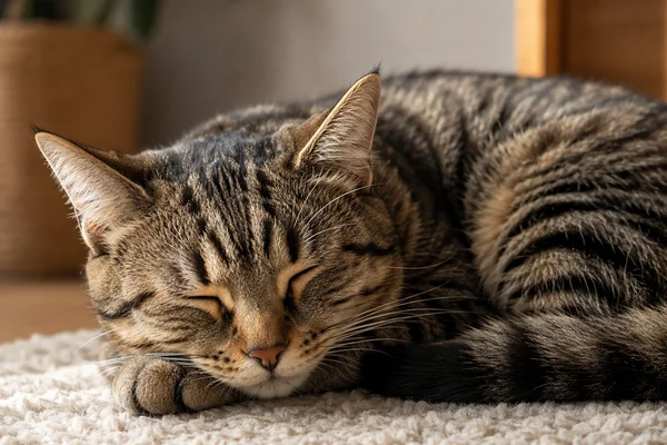 Chat tigré endormi sur un tapis moelleux